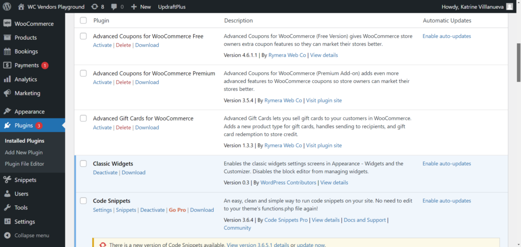 WordPress dashboard displaying a long list of active plugins