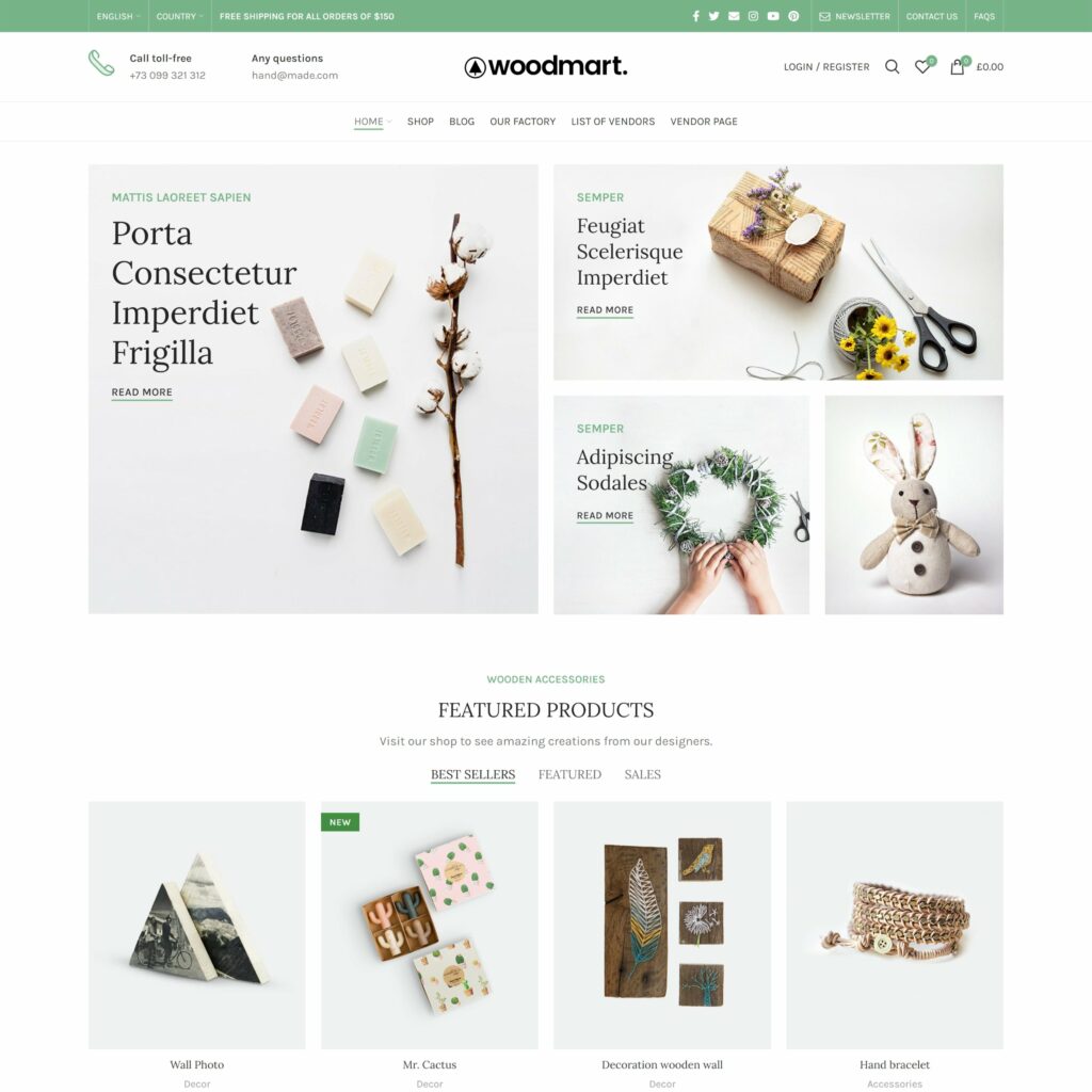 A demo of the WoodMart marketplace website template, showing a stuffed rabbit, wreath, branch, soap, box, flowers, and scissors