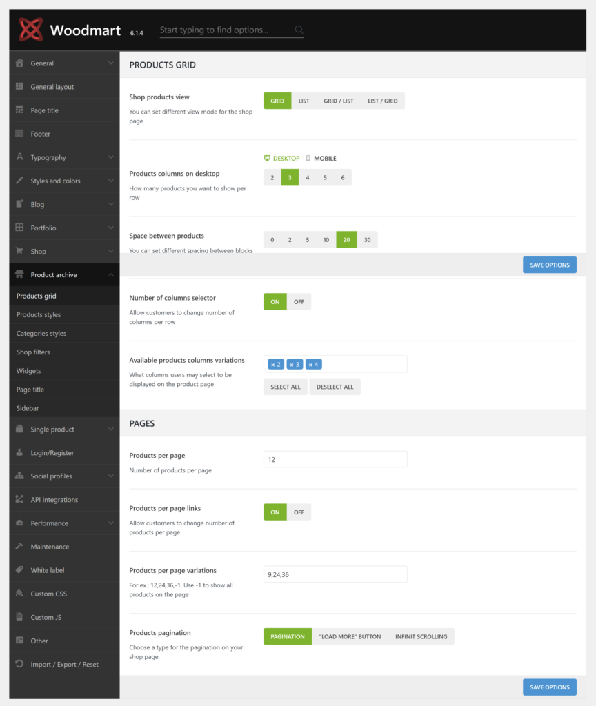 The WoodMart WordPress theme comes with an extensive Settings Area