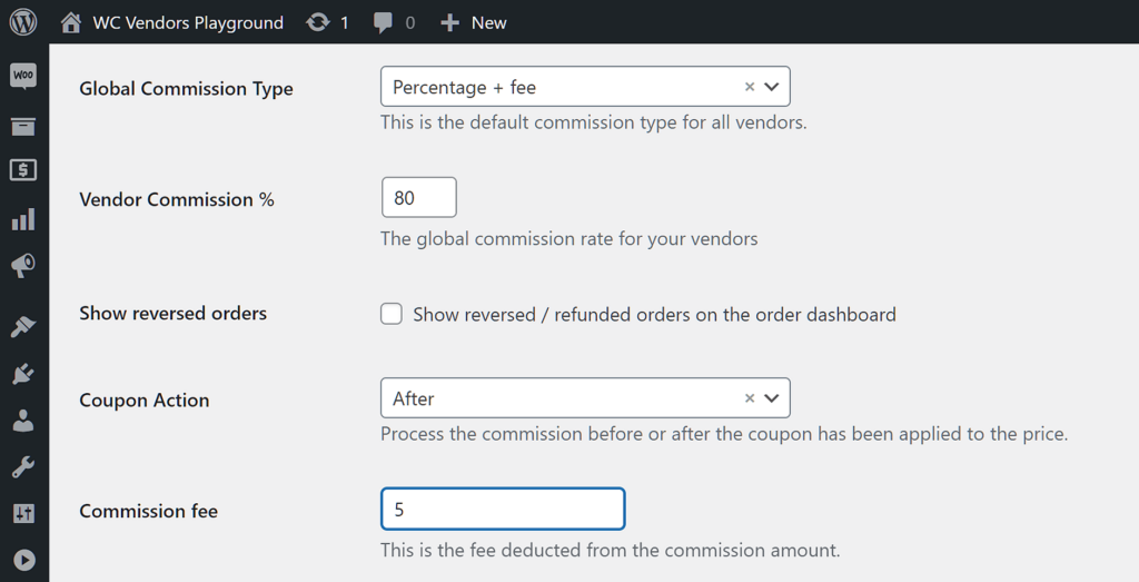 Configuring WooCommerce commissions may involve using the Percentage + Fee Commission Type for your marketplace