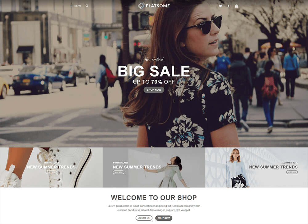 A demo of marketplace website template featuring a fashionable woman walking along a street