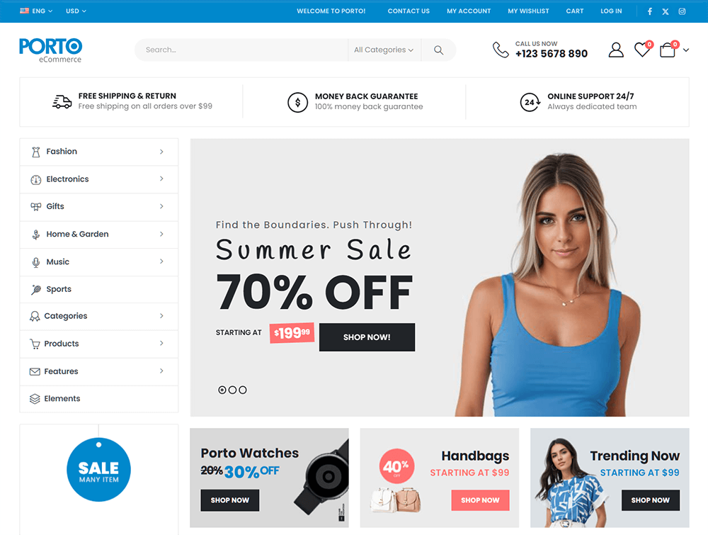 A demo of marketplace website template template featuring a pretty blond woman in a blue sleeveless shirt