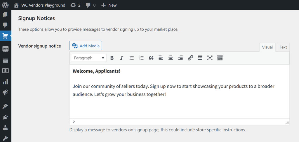 a vendor signup notice example on the backend