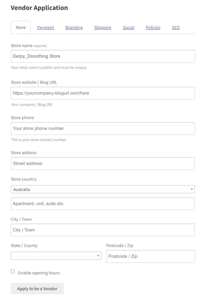 Vendor application form example