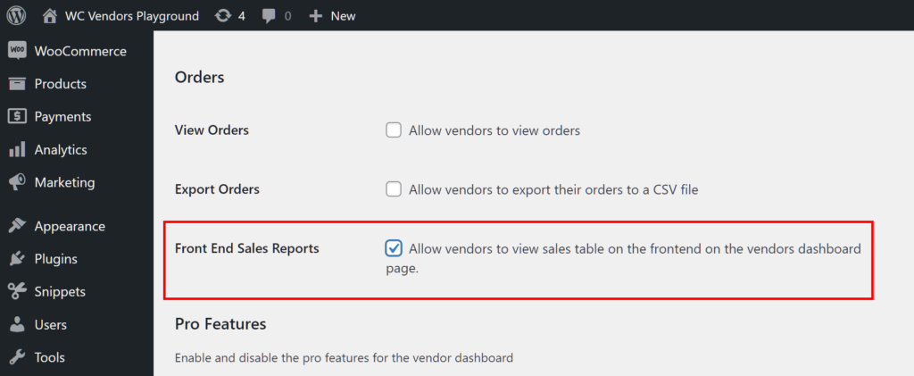 Enabling the Front End Sales Reports option