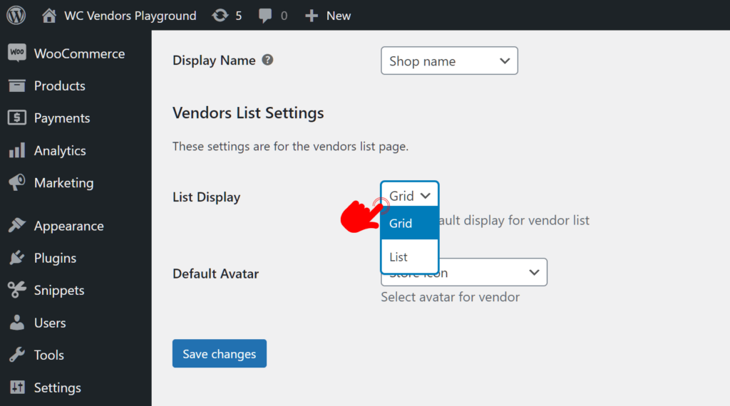 Selecting a vendor display layout