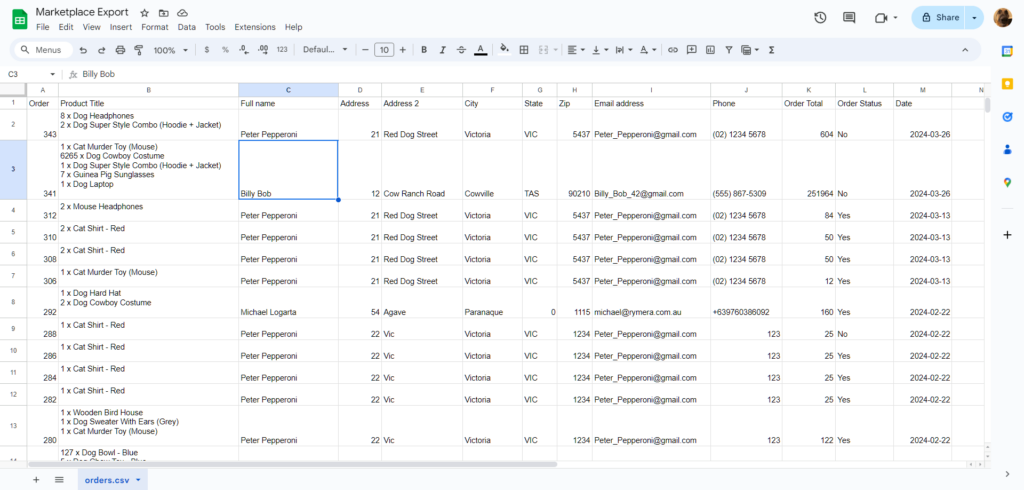 A spreadsheet containing customer order data