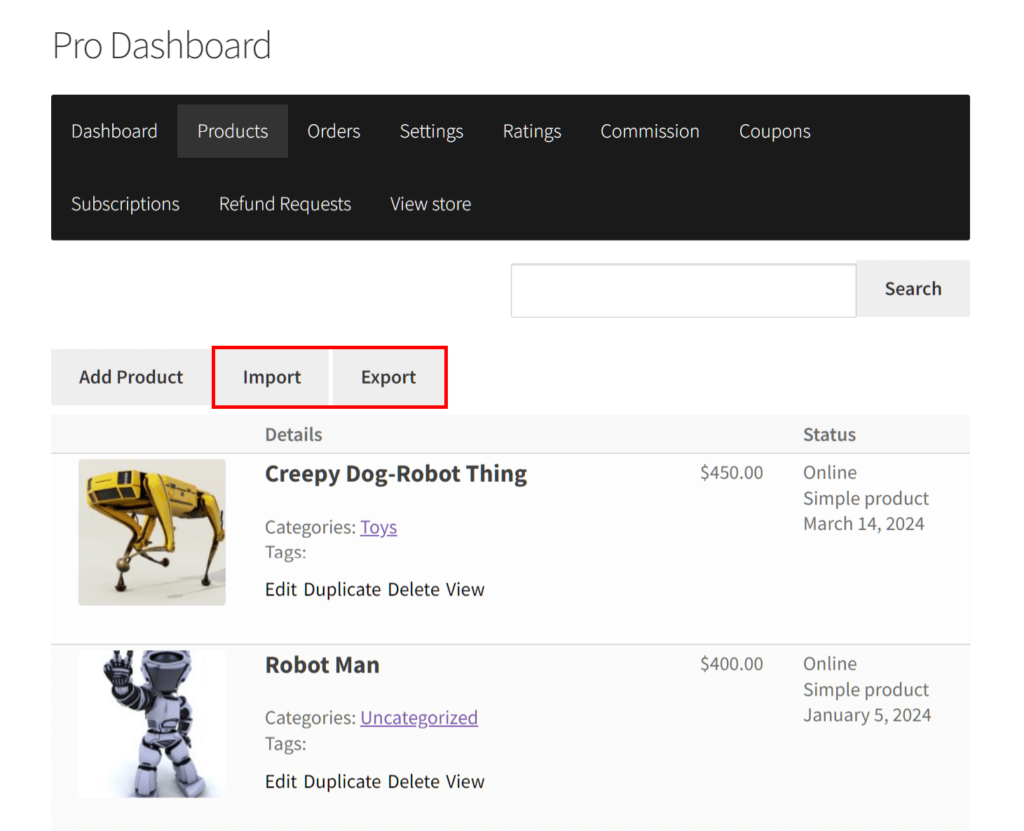 Import and Export buttons on the Pro dashboard