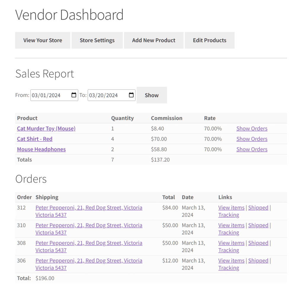 front end WooCommerce sales report