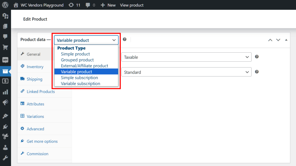 Selecting "Variable product" from a dropdown menu in the Product data box
