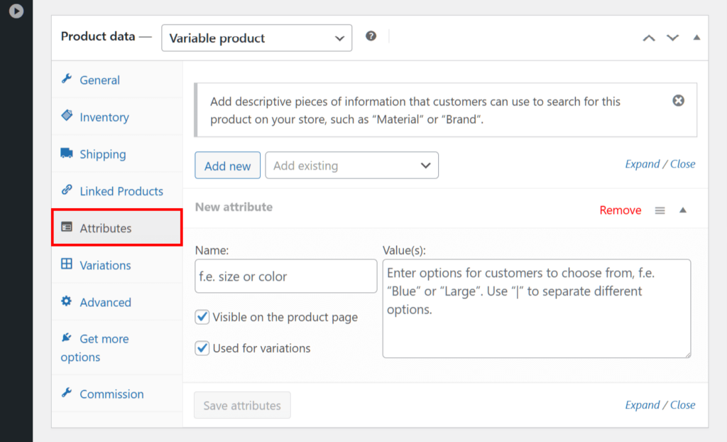 Choosing the "Attributes" panel in the "Product data" box