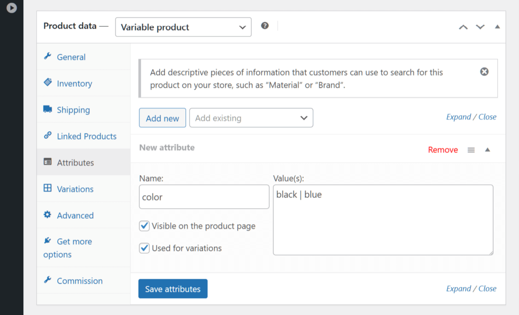 Choosing the "Attributes" panel in the "Product data" box, then filling the "Name" entry field with "color" and the "Value(s)" text box with "black" and "blue"