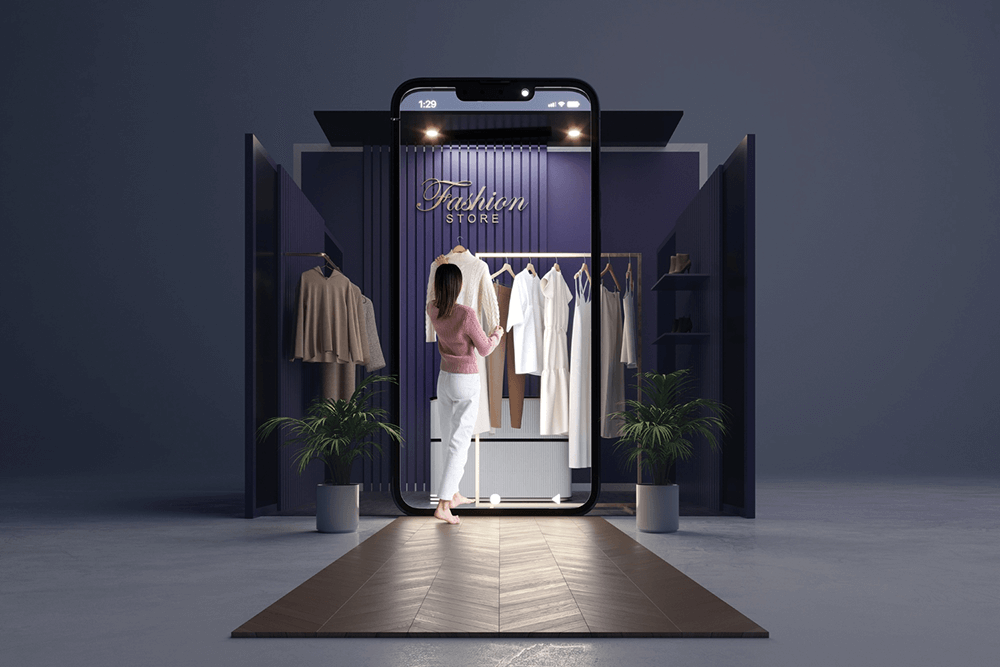 A woman examining clothes in an online fashion store, a small section of which is surrounded by the borders of an enormous smartphone