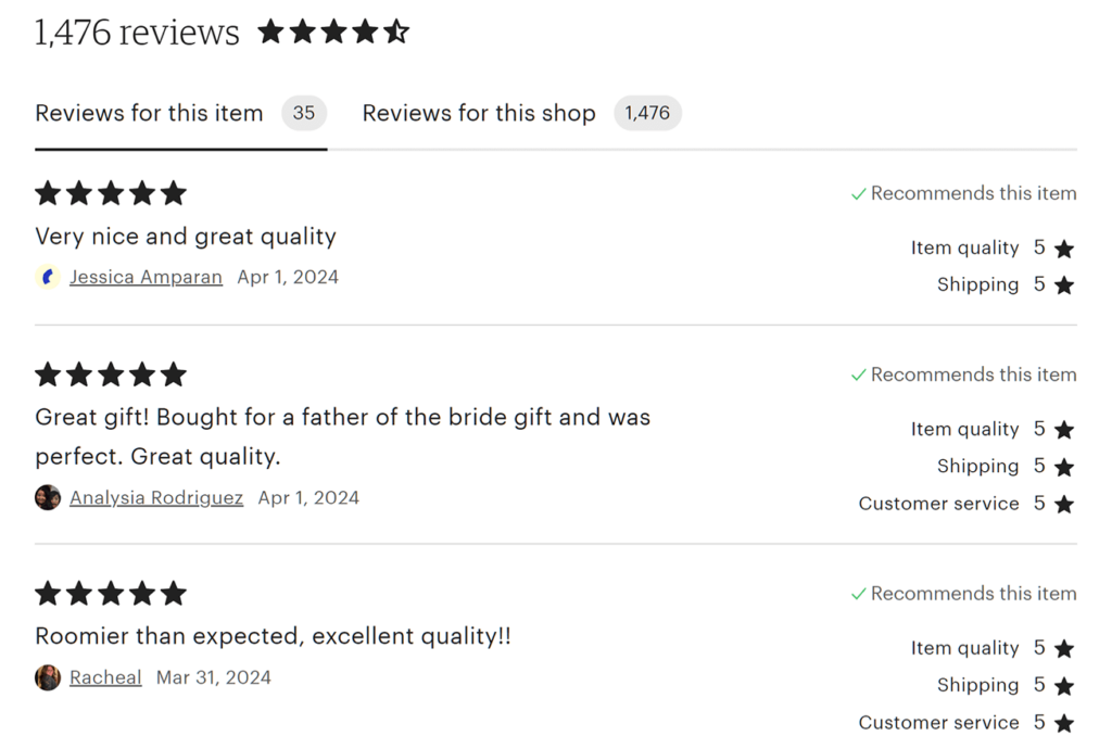 Reviews of a product on Etsy 
