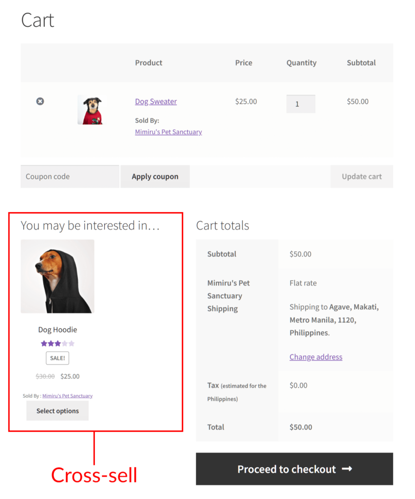 The cart page, showing the item being purchased, a dog sweater, and the item being cross-sold, a dog hoodie
