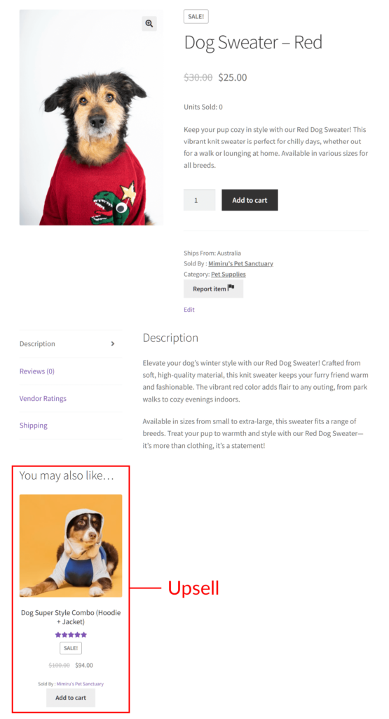 A marketplace product listing of a dog sweater, represented by an image of a dog in a red sweater, and an item being upsold, represented by an image of a dog in a white and blue hoodie and jacket
