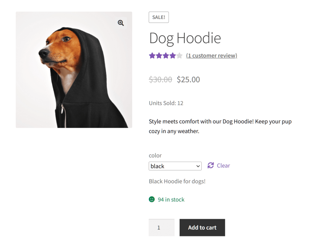 A product on an online store, specifically a black dog hoodie