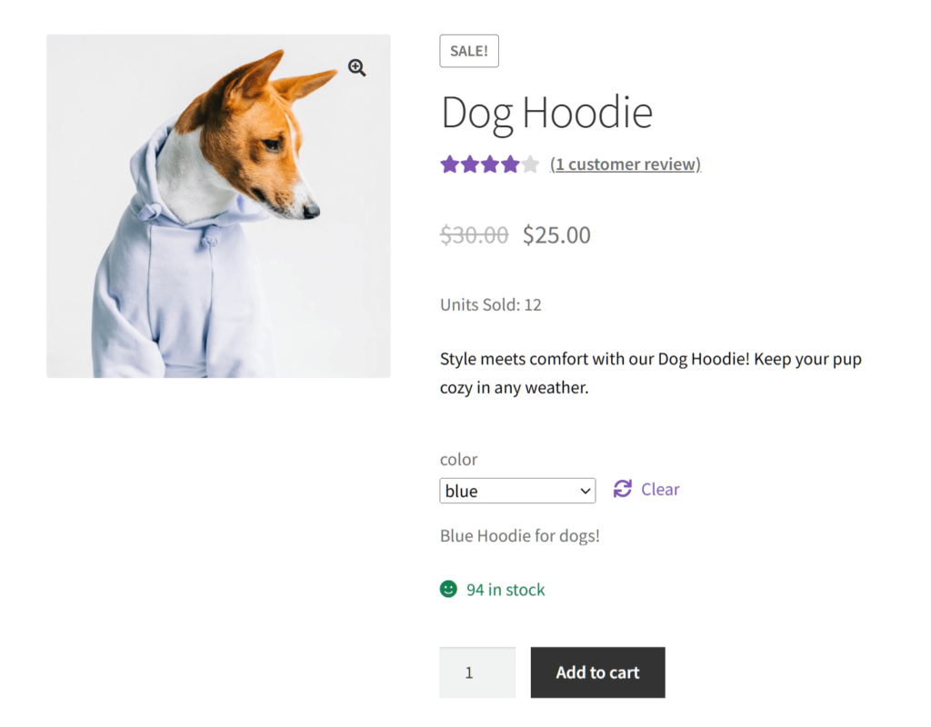 A product on an online store, specifically a blue dog hoodie