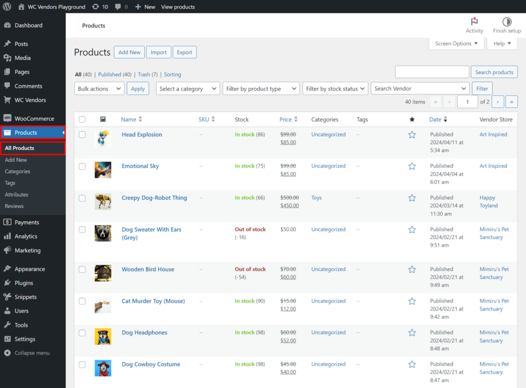 A product list with marketplace inventory management enabled