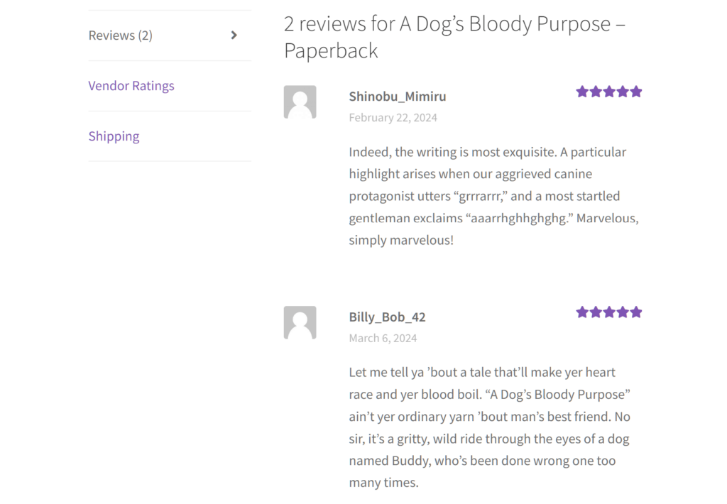 A screencap of a product page's review area, with two reviews on display