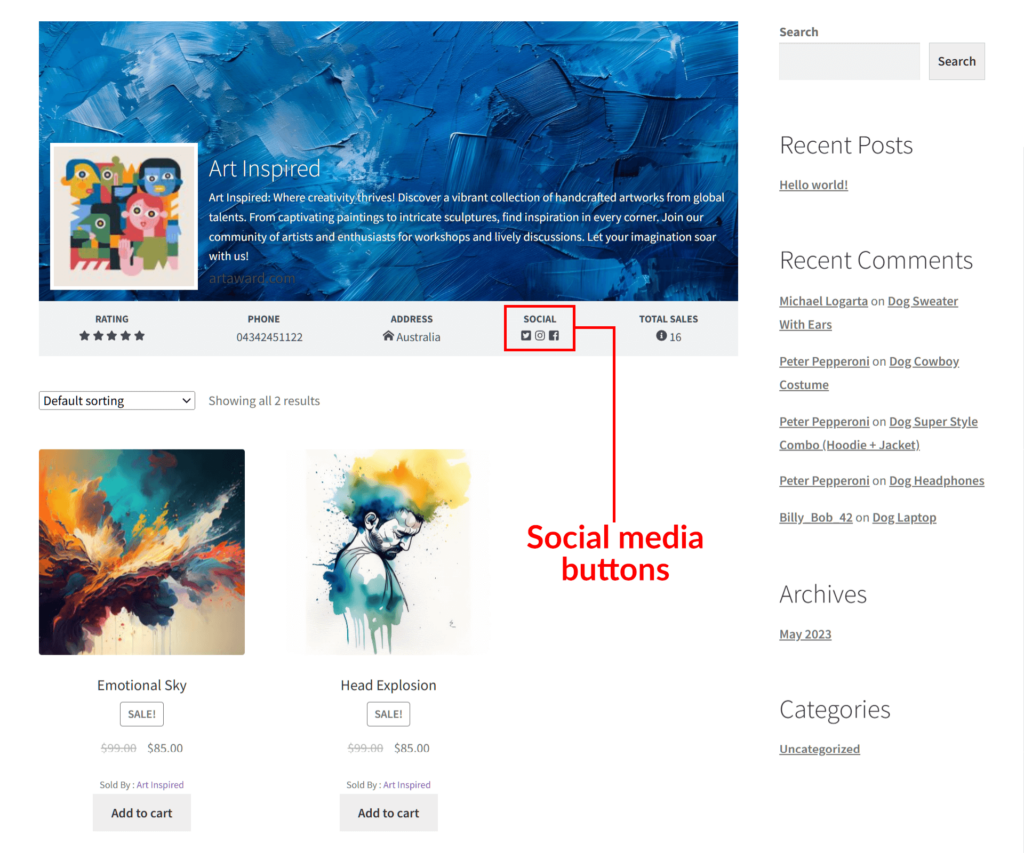A screencap of the marketplace frontend, showing the landing page of a vendor store known as Art Inspired, with the marketplace social media buttons highlighted