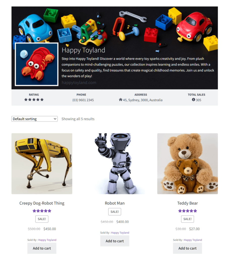 A screencap of the landing page of an online store named Happy Toyland within a marketplace powered by WC Vendors, showing a store icon and store banner filled toy imagery, and three toy products for sale, including a teddy bear, a robot, and a yellow robot dog