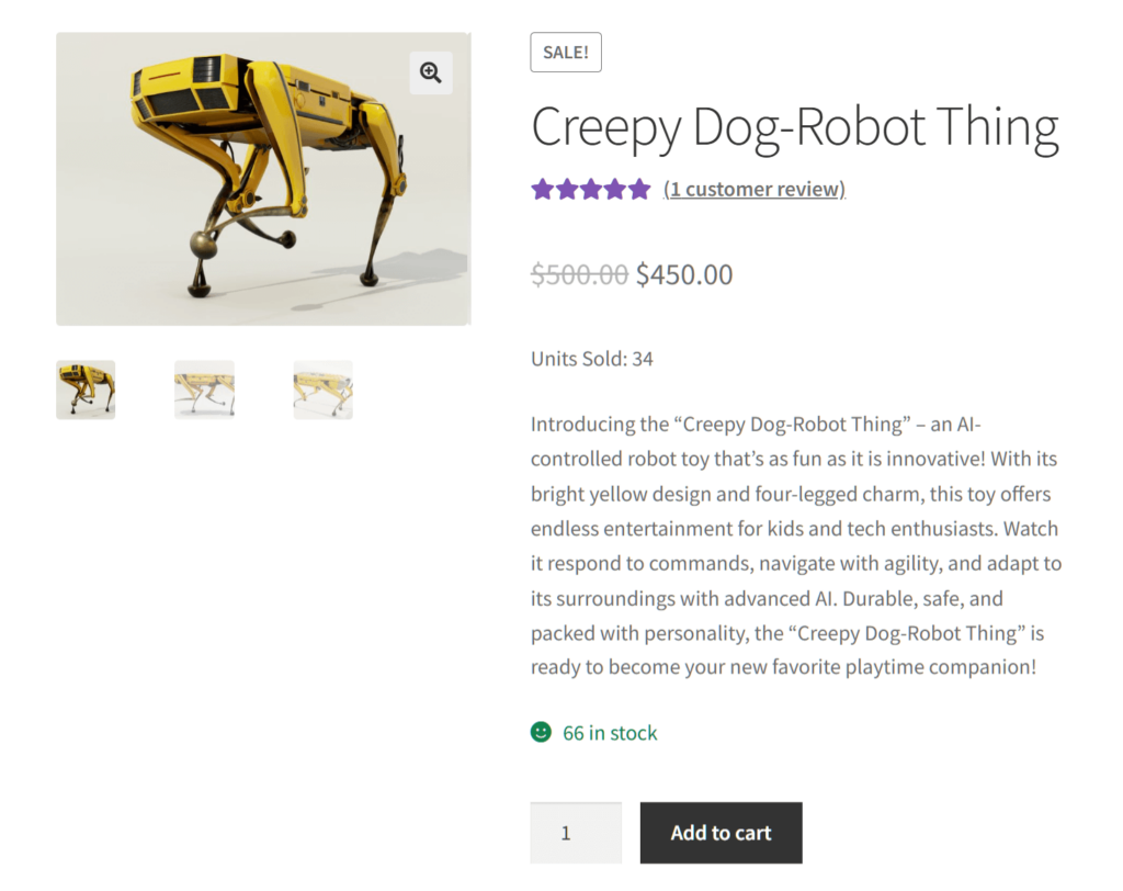 A screencap of a product listing of a yellow robot dog, including images, a 5-star rating, a product description, product price, and an add to cart button