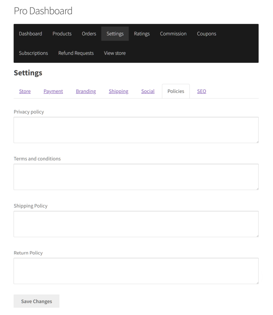 A screencap of the WC Vendors vendor dashboard, with the Settings panel clicked and Policies tab clicked to reveal text boxes for the Privacy policy, Terms and conditions, Shipping policy, and Refund policy options
