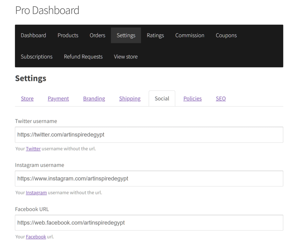 A screencap of the WC Vendors vendor dashboard, with the Settings panel and Social tab selected to reveal various entry fields inviting the user to enter the URLs of their social media sites