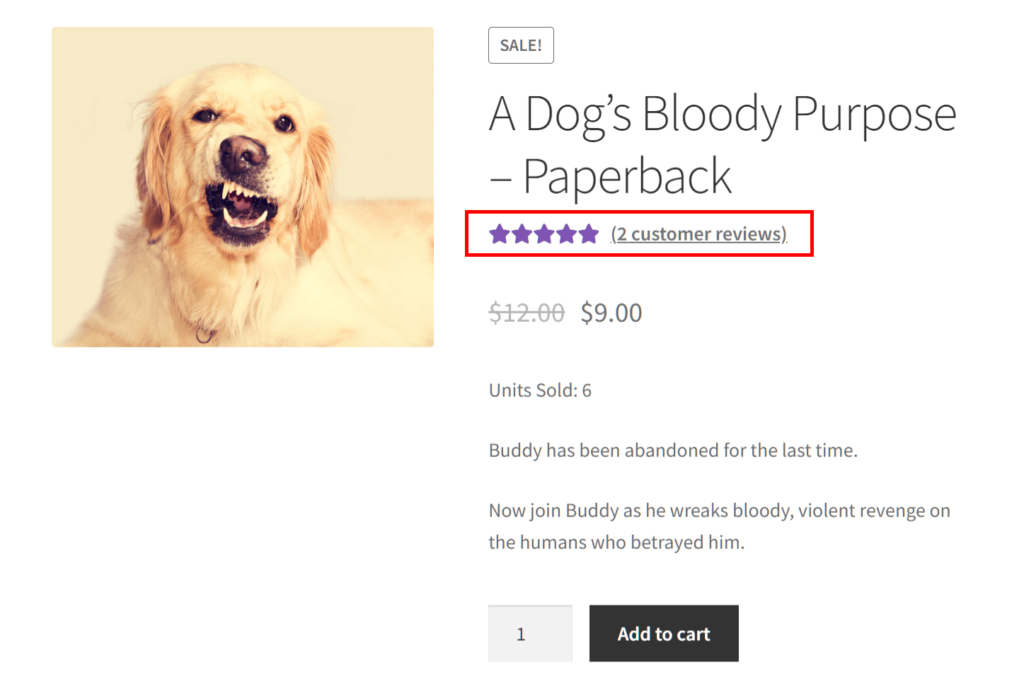 A screencap of a product page, the product being a book entitled "A Dog's Bloody Purpose," revealing the product's title, star rating, description, and "Add to Cart" button