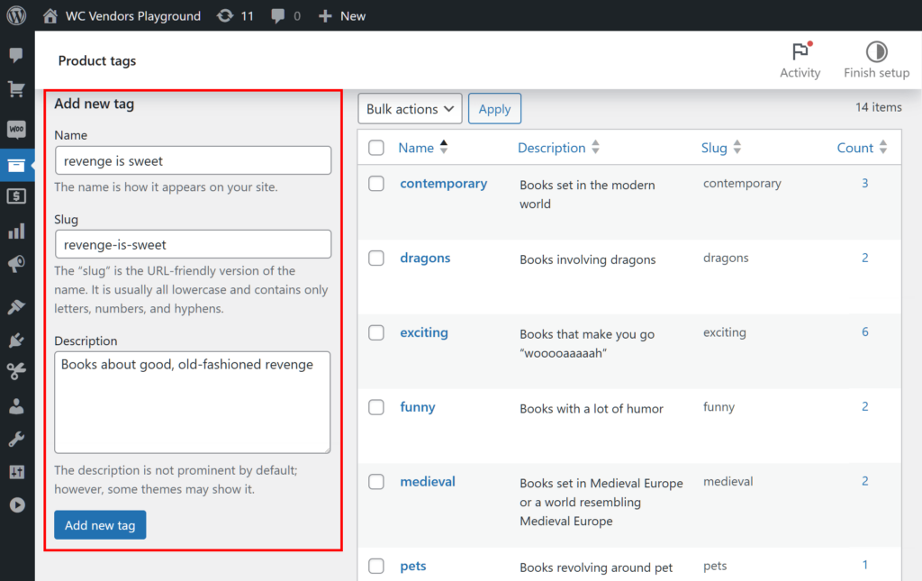 A screencap of the WordPress dashboard revealing the Product tags page and a list of tags, with the "Add new tag" section highlighted