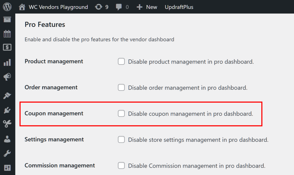 A screencap of the WordPress dashboarding, revealing various WC Vendors Pro options, with the "Coupon management" option enabled and highlighted