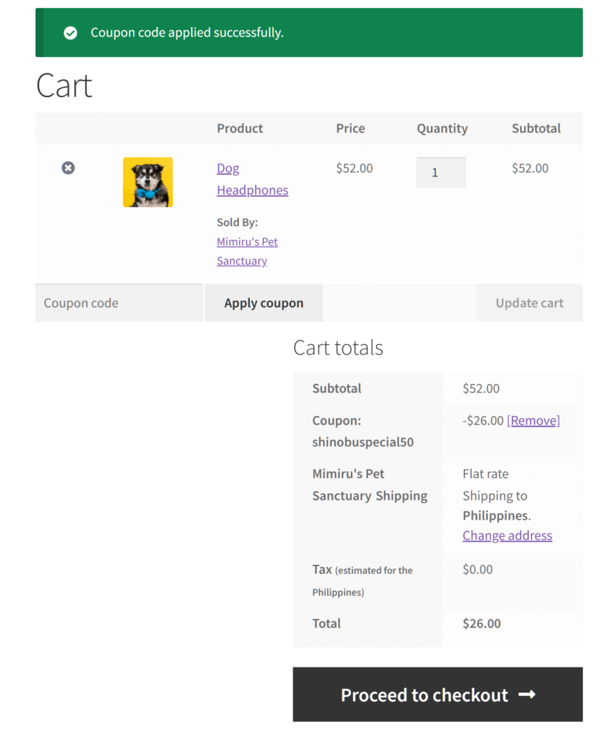 An online cart, showing dog headphones being purchased, and a coupon being applied for a 50% discount