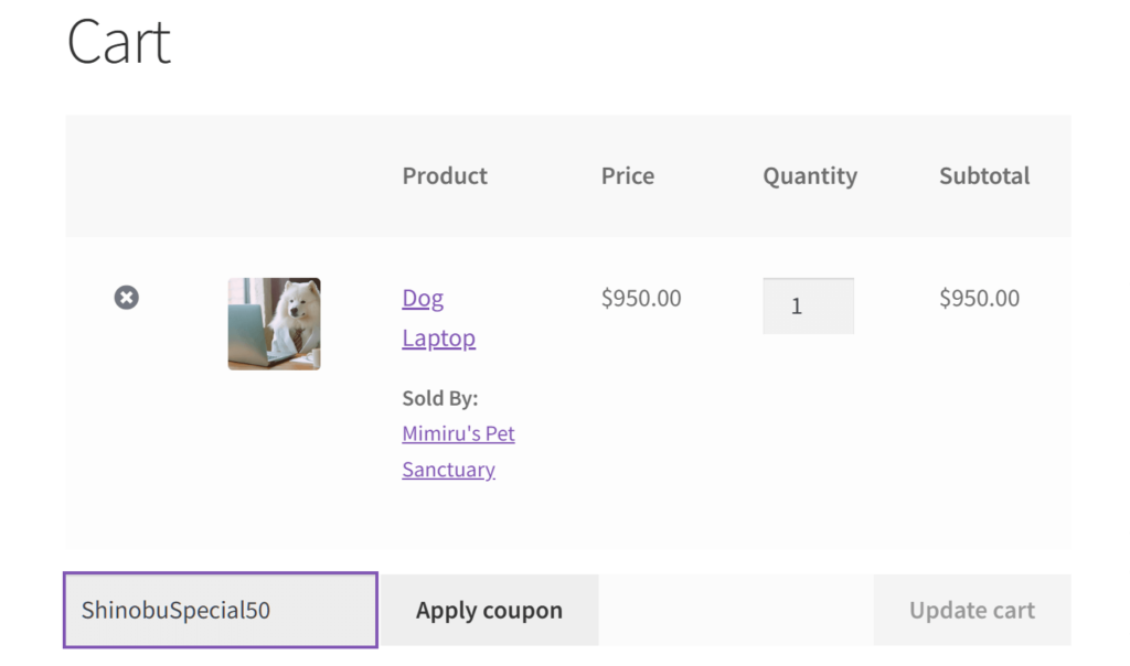 An online cart, showing a dog laptop being purchased, and the coupon code "ShinobuSpecial50" being applied