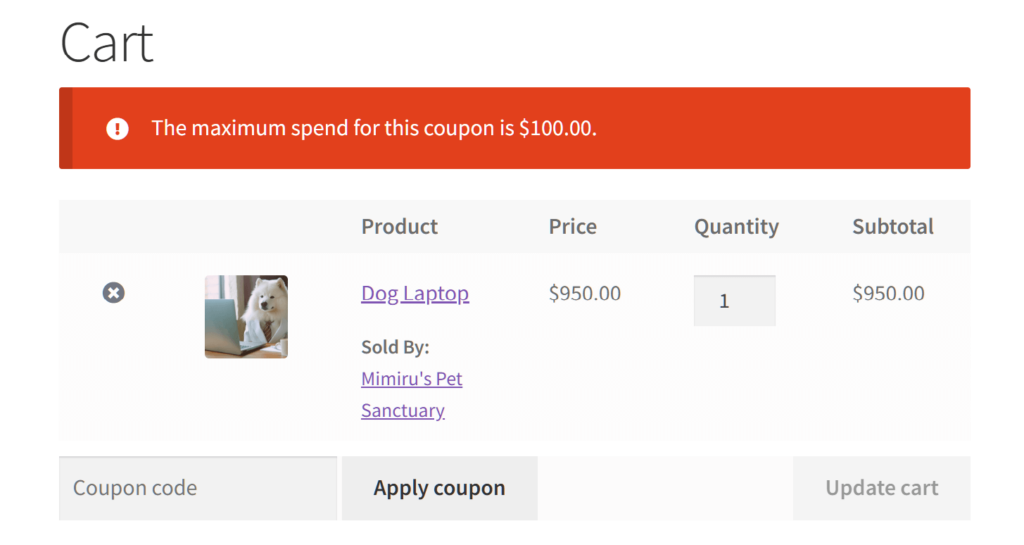 An online cart, showing a dog laptop being purchased, but a coupon being rejected