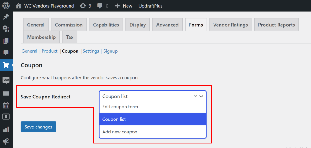 A screencap of the WordPress dashboard, showing the WC Vendors Pro Coupon option, "Save Coupon Redirect," highlighted
