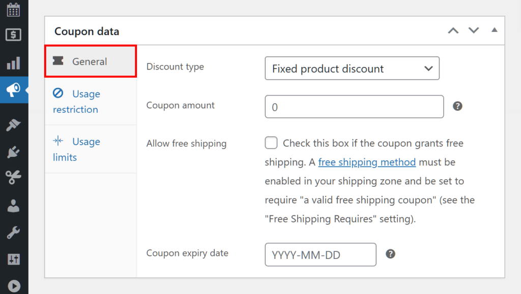 A screencap of the WordPress dashboard, showing the coupon data box with its General panel highlighted and selected, revealing various coupon options