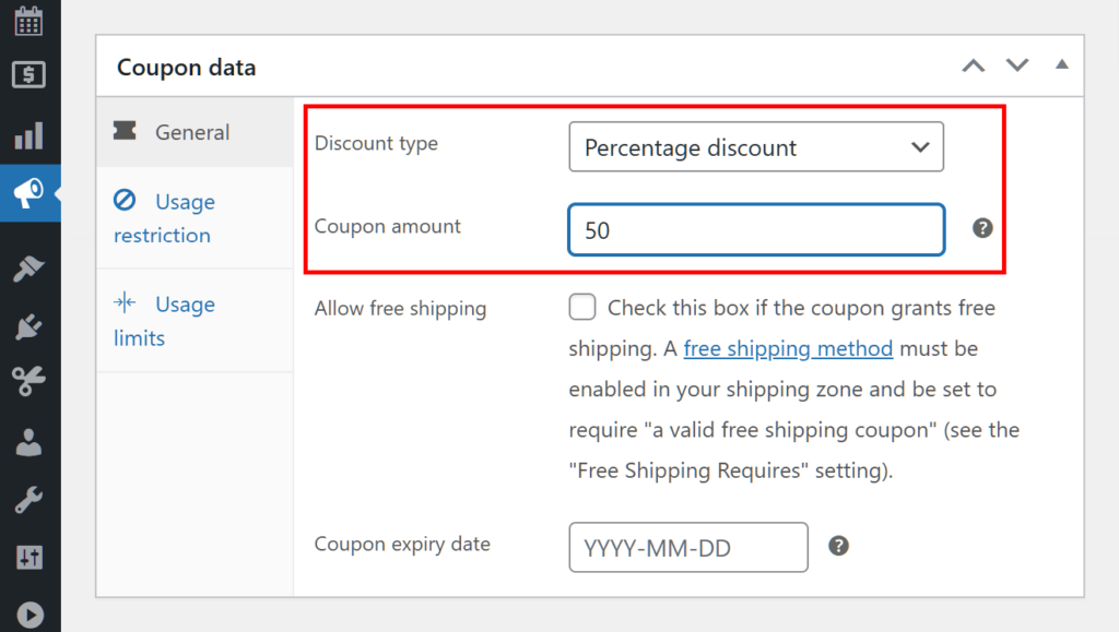 A screencap of the WordPress dashboard, showing the coupon data box with its General panel selected, and the "Percentage discount" Discount type and the a Coupon amount of 50 highlighted