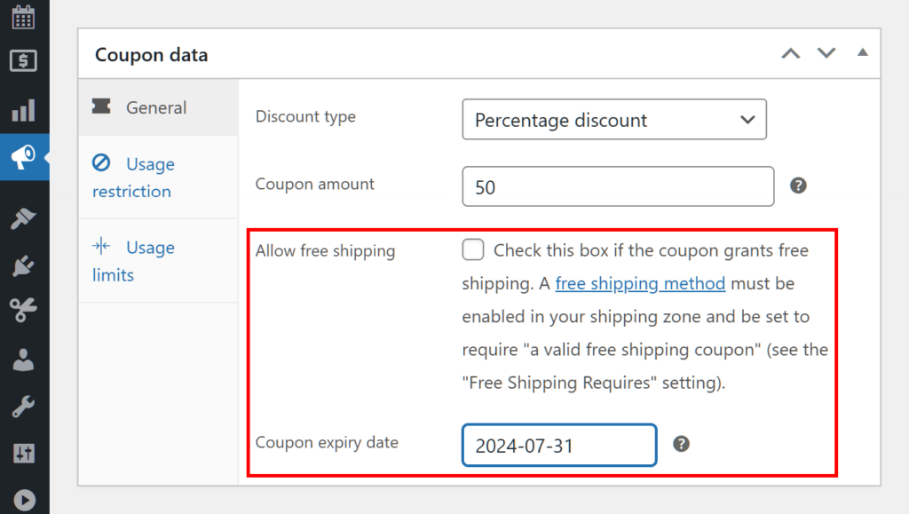 A screencap of the WordPress dashboard, showing the coupon data box with its General panel selected, and the "Allow free shipping" and the "Coupon expiry date" options highlighted