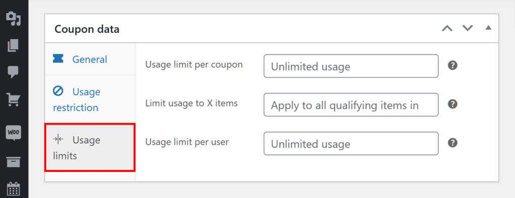 A screencap of the WordPress dashboard, showing the coupon data box with its Usage limits panel highlighted and selected, revealing various coupon options