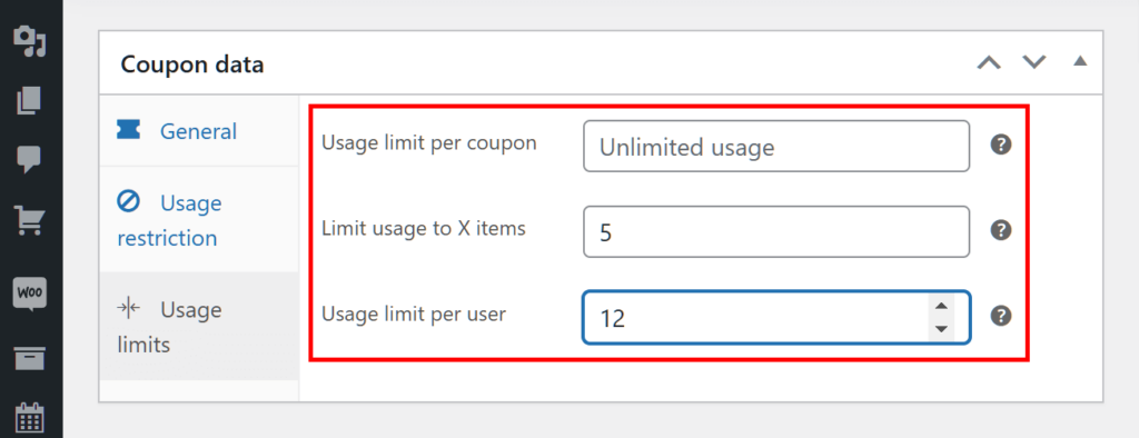 A screencap of the WordPress dashboard, showing the coupon data box with its Usage limits panel selected, revealing the "Usage limit per coupon," "Limit usage to X items," and "Usage limit per user," options set and highlighted