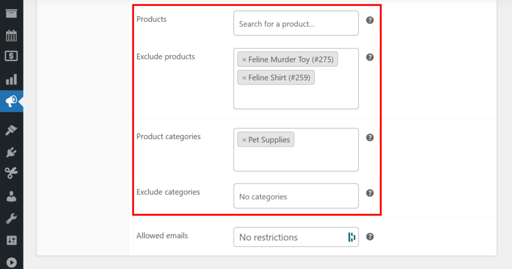 A screencap of the WordPress dashboard, showing the coupon data box with its Usage restrictions panel selected, and the "Products," "Exclude products," "Product categories," and "Exclude categories" options highlighted