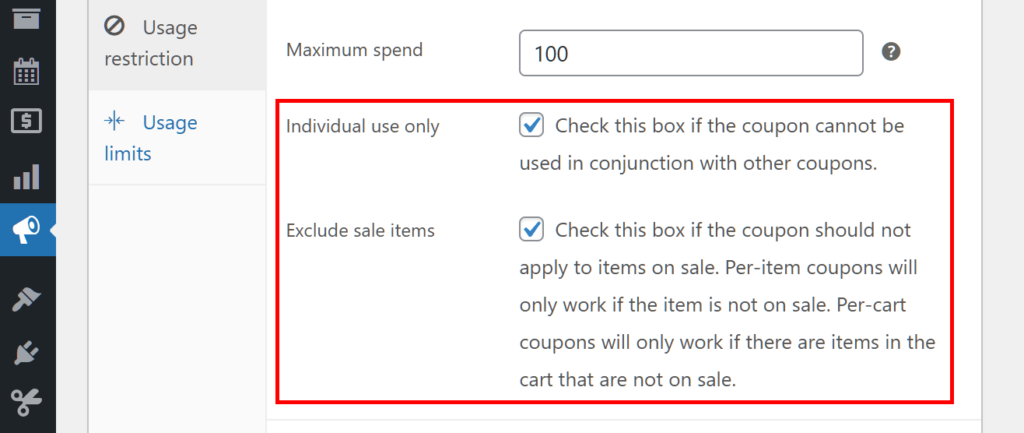 A screencap of the WordPress dashboard, showing the coupon data box with its Usage restrictions panel selected, and the "Individual use only" and "Exclude sale items" options enabled and highlighted