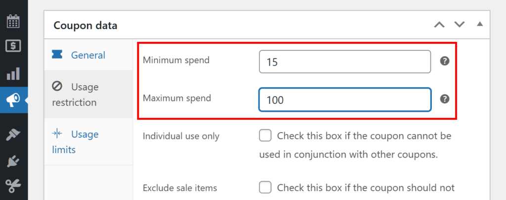 A screencap of the WordPress dashboard, showing the coupon data box with its Usage restrictions panel selected, and the Minimum spend and Maximum spend options set and highlighted