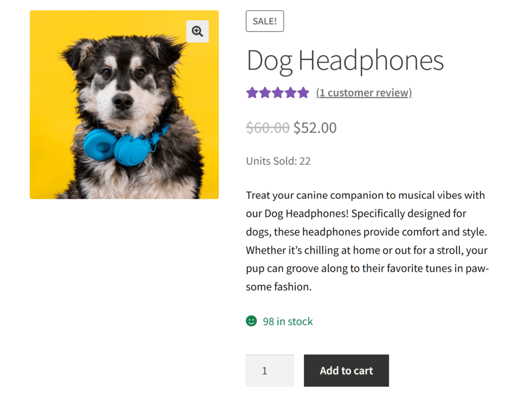 A product listing of a product known as "Dog Headphones' on an online store, complete with customer rating, price, description, and Add to Cart button