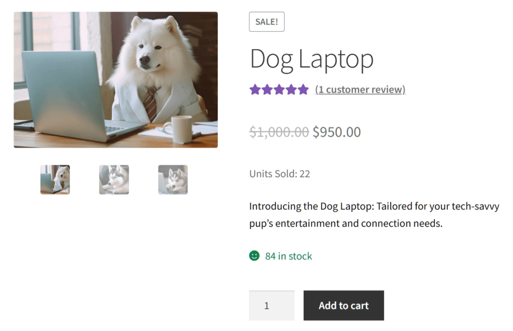 A product listing of a product known as "Dog Laptop' on an online store, complete with customer rating, price, description, and Add to Cart button