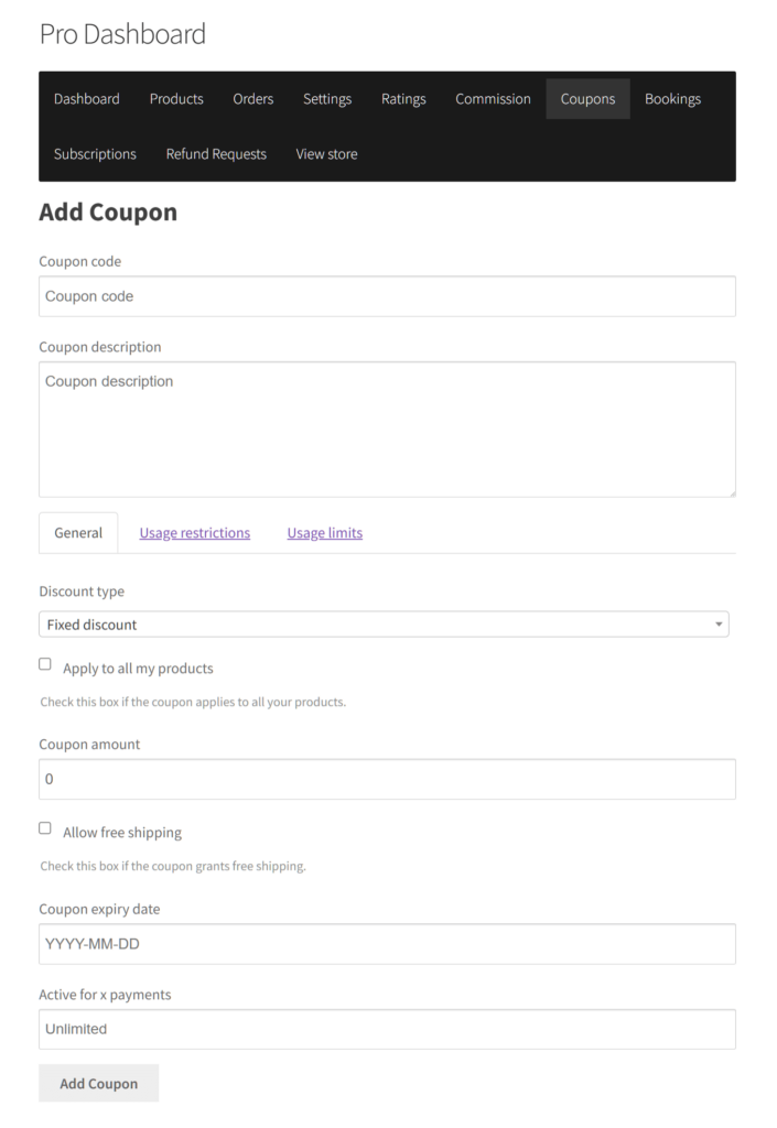 A screencap of the WC Vendors Pro dashboard, showing the "Add Coupon" page and its various options for creating marketplace coupons
