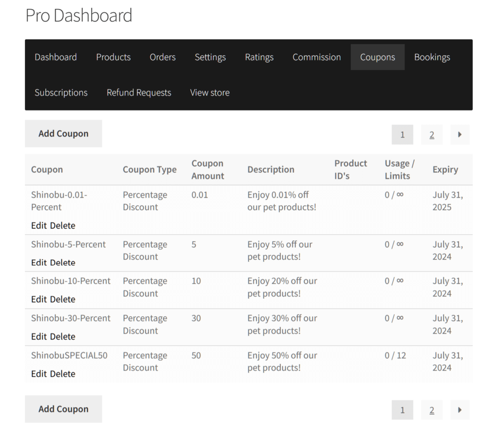 A screencap of the WC Vendors Pro dashboard, with the "Coupons" panel selected to show a table of coupons