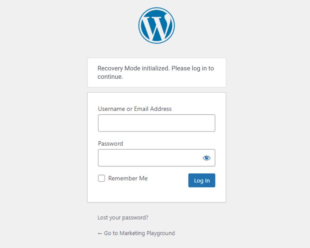 WordPress admin login page displaying a message that 'WordPress recovery mode' is initiated