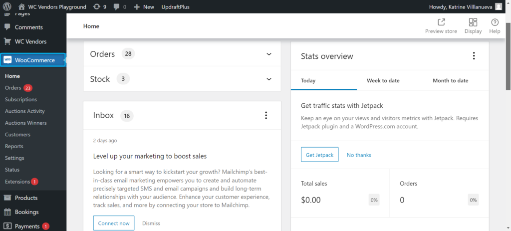 WooCommerce dashboard in the WordPress admin panel